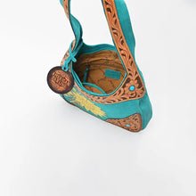 Load image into Gallery viewer, Holland Hobo turquoise suede leather bag with sunflower embroidery and hand-tooled trim
