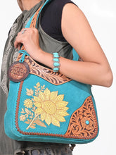 Load image into Gallery viewer, Holland Hobo turquoise suede leather bag with sunflower embroidery and hand-tooled trim
