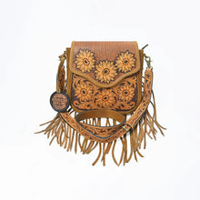 Load image into Gallery viewer, Solana hand-tooled sunflower leather fringe crossbody, front view
