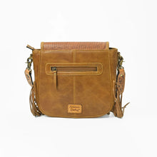 Load image into Gallery viewer, Back of the Solana leather crossbody showing the exterior zip pocket and side fringe
