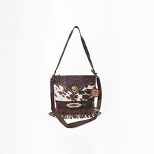 Load image into Gallery viewer, Ocotillo cowhide fringe crossbody, front view with tooled shoulder strap and crossbody strap
