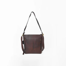 Load image into Gallery viewer, Back of the Ocotillo bag in dark chocolate pebbled leather with two vertical zip pockets
