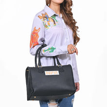 Load image into Gallery viewer, Dennison black leather NFR speedy bag with hand-braided detailing and Wrangler Las Vegas 2026 charm
