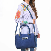 Load image into Gallery viewer, Lockhart navy suede Western speedy bag with NFR embroidered patch and rolled handles
