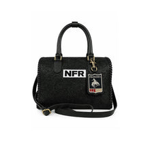 Load image into Gallery viewer, Poppino black floral-embossed suede speedy bag with NFR patch and PRORODEO charm
