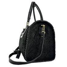 Load image into Gallery viewer, Poppino black floral-embossed suede speedy bag with NFR patch and PRORODEO charm
