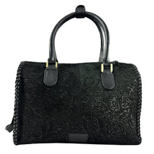 Load image into Gallery viewer, Poppino black floral-embossed suede speedy bag with NFR patch and PRORODEO charm
