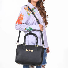 Load image into Gallery viewer, Pozzi black pebbled leather NFR speedy bag with embroidered PRCA shield patch and removable strap
