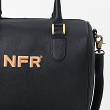 Load image into Gallery viewer, Close-up of a black pebbled leather bag with gold-tone hardware and a prominent gold 'NFR' logo on the front, set against a plain light background.
