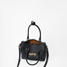 Load image into Gallery viewer, A black leather handbag with gold-tone hardware and the letters 'NFR' printed in gold on the front, shown on a white background.
