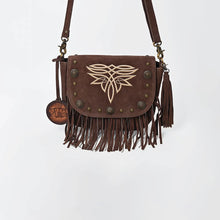Load image into Gallery viewer, Brown Sparrow suede fringe crossbody purse, front view with boot-stitch embroidery, brass conchos, chain fringe, and suede tassel
