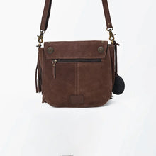 Load image into Gallery viewer, Back view of the brown Sparrow suede crossbody purse with exterior zip pocket and brass conchos

