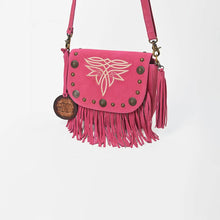 Load image into Gallery viewer, Sparrow boot stitch suede fringe crossbody purse in pink, angled view with cream embroidery, brass conchos, chain fringe, and side tassel
