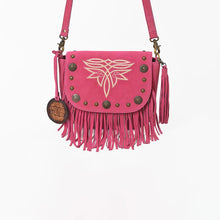 Load image into Gallery viewer, Pink Sparrow suede fringe crossbody purse, front view with boot-stitch embroidery, brass conchos, chain fringe, and suede tassel
