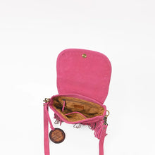 Load image into Gallery viewer, Inside the pink Sparrow suede crossbody, flap open showing magnetic snap, lined interior, and zip pocket
