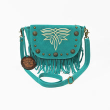 Load image into Gallery viewer, Turquoise Sparrow suede fringe crossbody purse, front view with boot-stitch embroidery, brass conchos, and chain fringe
