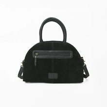 Load image into Gallery viewer, Back of the Tiara black suede dome satchel with exterior zip pocket and rolled handles
