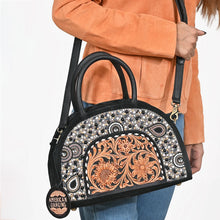 Load image into Gallery viewer, Tiara hand tooled and beaded black suede satchel worn on the shoulder, close view
