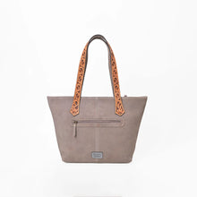 Load image into Gallery viewer, Back view of the Opal gray suede tote with an exterior zip pocket and hand-tooled leather straps
