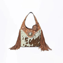 Load image into Gallery viewer, Appaloosa hand-tooled cowhide fringe hobo bag, front view
