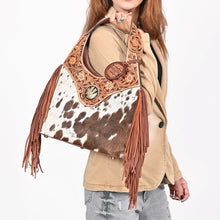 Load image into Gallery viewer, Appaloosa tooled cowhide fringe hobo worn on the shoulder
