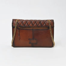 Load image into Gallery viewer, Back of the Bourbon bag showing the burnished leather and exterior zip pocket
