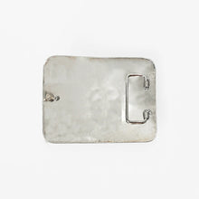 Load image into Gallery viewer, Quinn German silver horseshoe belt buckle shown in its blue velvet gift presentation box
