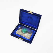 Load image into Gallery viewer, Jolene belt buckle displayed open in blue velvet presentation box
