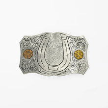 Load image into Gallery viewer, Sundrop American Darling German silver western belt buckle with engraved scrollwork, horseshoe center and gold-tone floral rosettes
