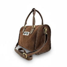 Load image into Gallery viewer, Charmayne brown suede NFR speedy bag with hand-braided edging and 40 years Las Vegas charm
