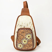 Load image into Gallery viewer, Leather Sling Bag Women, Hair On Cowhide Leather Sling Bag Purse, Leather Sling Backpack Purse, Leather Backpack, Western Purse
