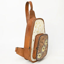 Load image into Gallery viewer, Leather Sling Bag Women, Hair On Cowhide Leather Sling Bag Purse, Leather Sling Backpack Purse, Leather Backpack, Western Purse
