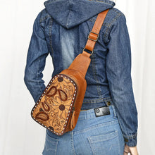 Load image into Gallery viewer, Leather Sling Bag Women, Hand Tooled Leather Sling Purse, Leather Sling Backpack Purse, Leather Backpack, Floral Sling Bag, Western Purse
