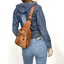 Load image into Gallery viewer, Leather Sling Bag Women, Hand Tooled Leather Sling Purse, Leather Sling Backpack Purse, Leather Backpack, Floral Sling Bag, Western Purse
