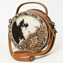 Load image into Gallery viewer, Western Hand Tooled Leather Canteen Purse, Hand Painted Leather Purse, Hair On Cowhide Leather Bag, Genuine Western Leather Crossbody Purse
