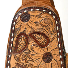 Load image into Gallery viewer, Leather Sling Bag Women, Hand Tooled Leather Sling Purse, Leather Sling Backpack Purse, Leather Backpack, Floral Sling Bag, Western Purse
