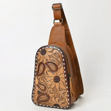Load image into Gallery viewer, Leather Sling Bag Women, Hand Tooled Leather Sling Purse, Leather Sling Backpack Purse, Leather Backpack, Floral Sling Bag, Western Purse
