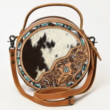 Load image into Gallery viewer, Western Hand Tooled Leather Canteen Purse, Hand Painted Leather Purse, Hair On Cowhide Leather Bag, Genuine Western Leather Crossbody Purse
