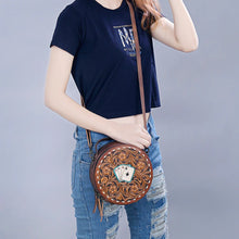 Load image into Gallery viewer, Western Hand Tooled Leather Canteen Purse, Hand Painted Leather Purse, Cowhide Leather Bag, Genuine Western Leather Crossbody Purse
