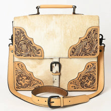 Load image into Gallery viewer, Western Purse, Western Tote Bag, Hand Tooled Leather Purse, Leather Briefcase, Laptop Bag, Hair On Cowhide Leather Work Bag
