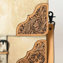 Load image into Gallery viewer, Western Purse, Western Tote Bag, Hand Tooled Leather Purse, Leather Briefcase, Laptop Bag, Hair On Cowhide Leather Work Bag

