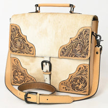 Load image into Gallery viewer, Western Purse, Western Tote Bag, Hand Tooled Leather Purse, Leather Briefcase, Laptop Bag, Hair On Cowhide Leather Work Bag
