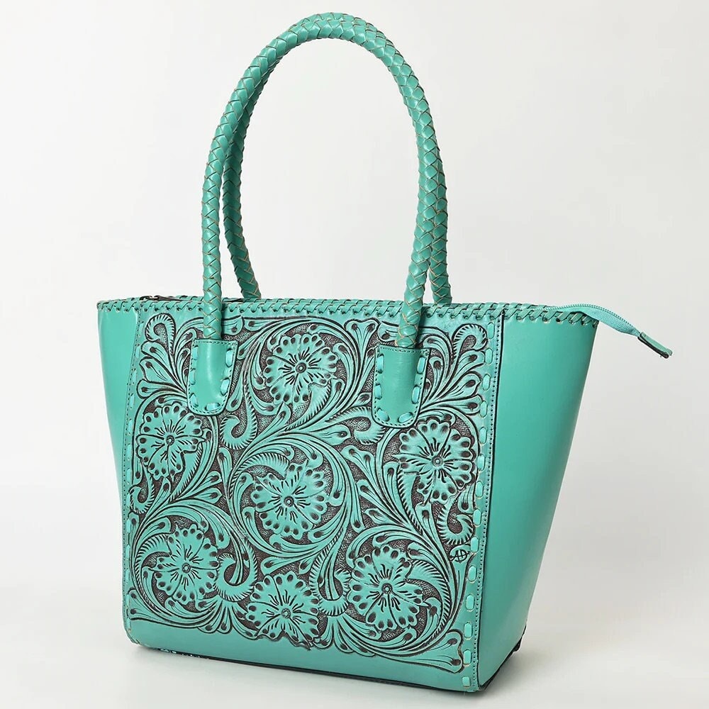 Western Hand Tooled Leather Shoulder Bag, Western Tote Bag, Genuine Cowhide Leather Purse, Western Leather Purse, Turquoise Leather Purse