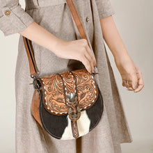 Load image into Gallery viewer, Western Leather Purse, Western Tote Bag, Hand Tooled Leather Crossbody Purse, Genuine Hair On Cowhide Crossbody Bag, Leather Purse
