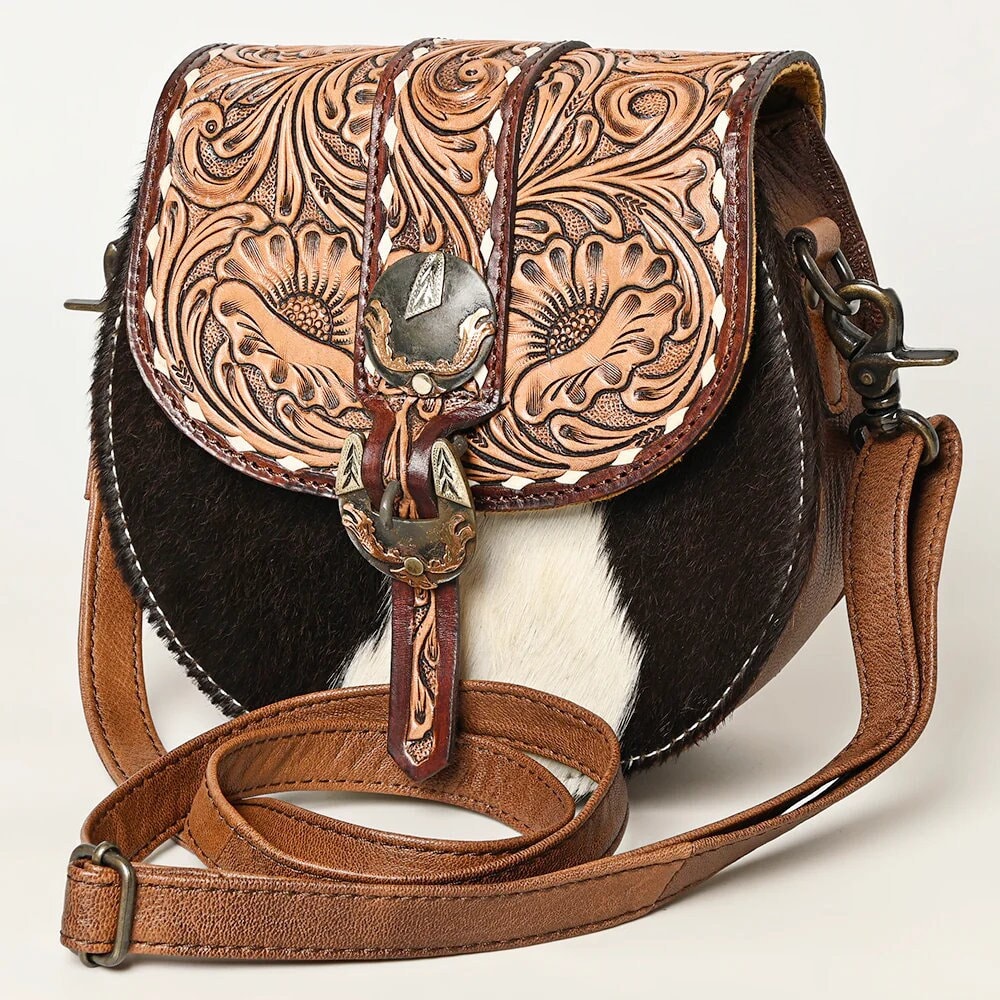 Western Leather Purse, Western Tote Bag, Hand Tooled Leather Crossbody Purse, Genuine Hair On Cowhide Crossbody Bag, Leather Purse
