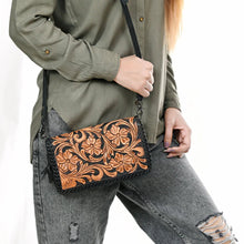 Load image into Gallery viewer, Western Leather Wallet Purse, Hand Tooled Leather Wallet, Leather Crossbody Purse, Womens Black Leather Wallet, Genuine Leather Wallet
