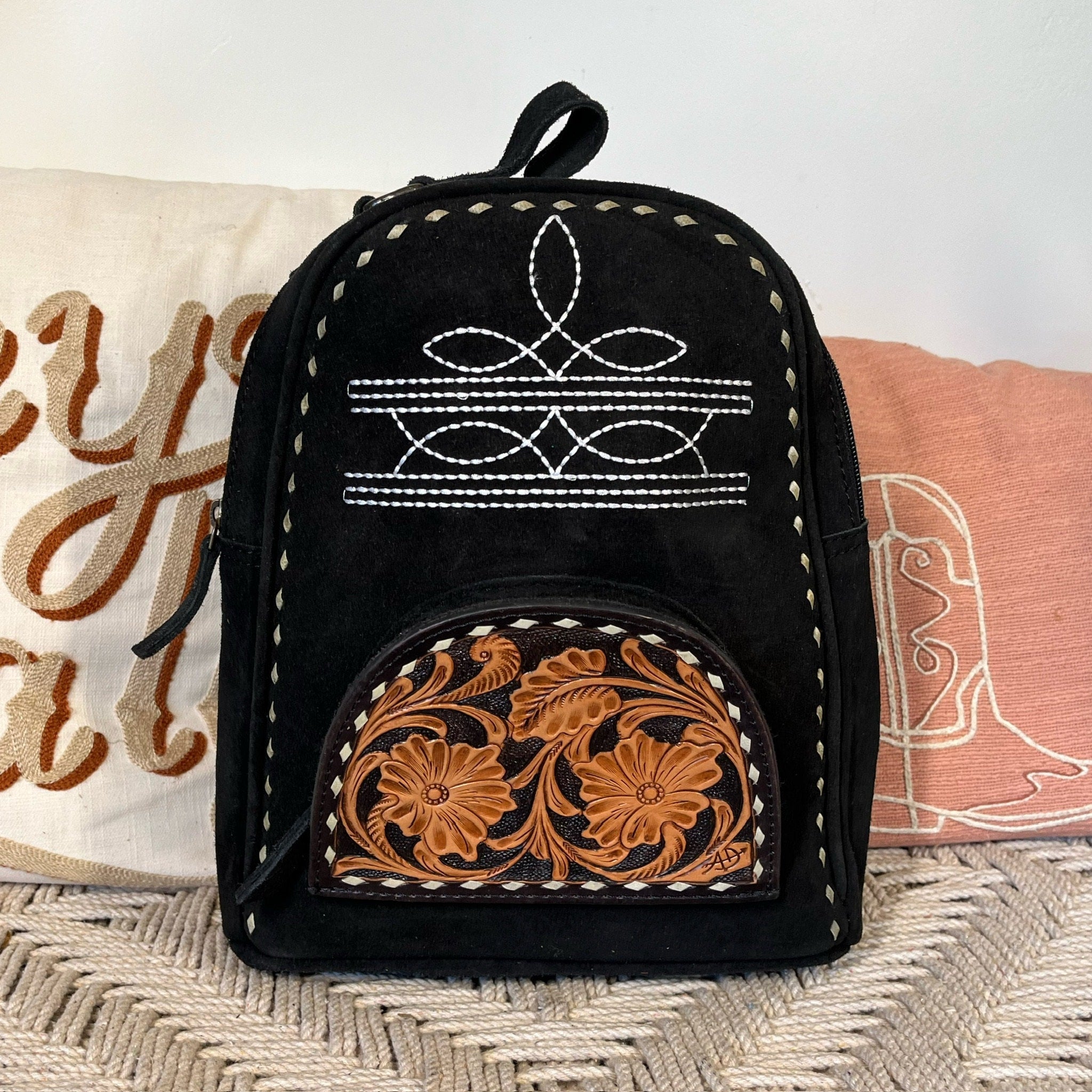 black tooled leather backpack American Darling Genuine Suede Leather Backpack Bag with Hand Tooled Floral Front & Buck Stitch Accents