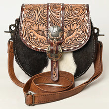 Load image into Gallery viewer, Western Leather Purse, Western Tote Bag, Hand Tooled Leather Crossbody Purse, Genuine Hair On Cowhide Crossbody Bag, Leather Purse
