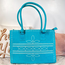 Load image into Gallery viewer, Western Purse, Turquoise Suede Leather Purse, Boot Stitch Detail, Leather Purse, Suede Purse, Western Tote Bag, Western Crossbody Purse
