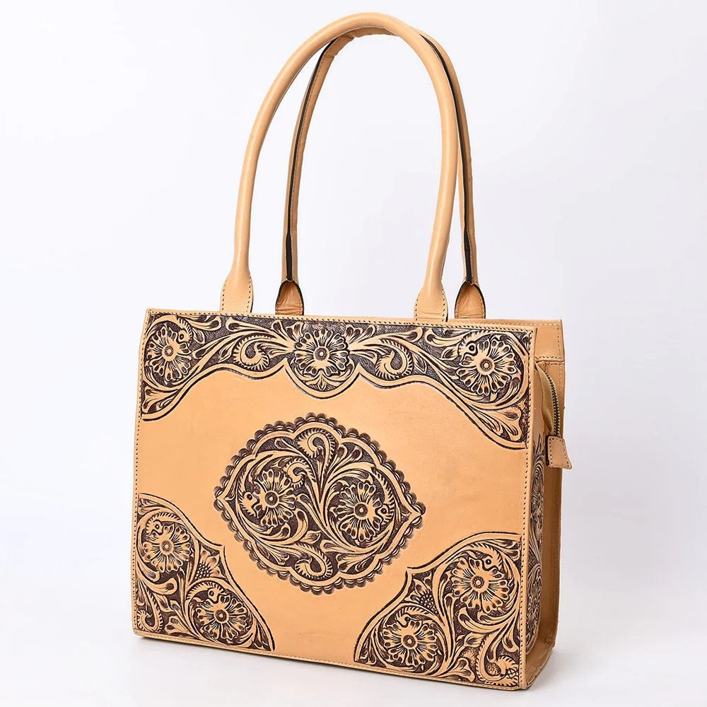 Western Hand Tooled Leather Purse, Western Tote Bag, Tan Leather Shoulder Bag, Conceal Carry Purse, Genuine Cowhide Leather Purse